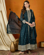 Rama Flared Kurta Palazzo Set with Embroidered Georgette Dupatta