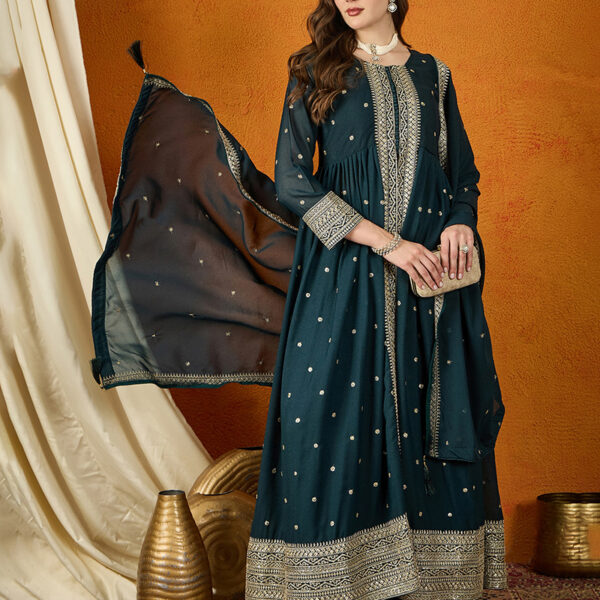 Rama Flared Kurta Palazzo Set with Embroidered Georgette Dupatta