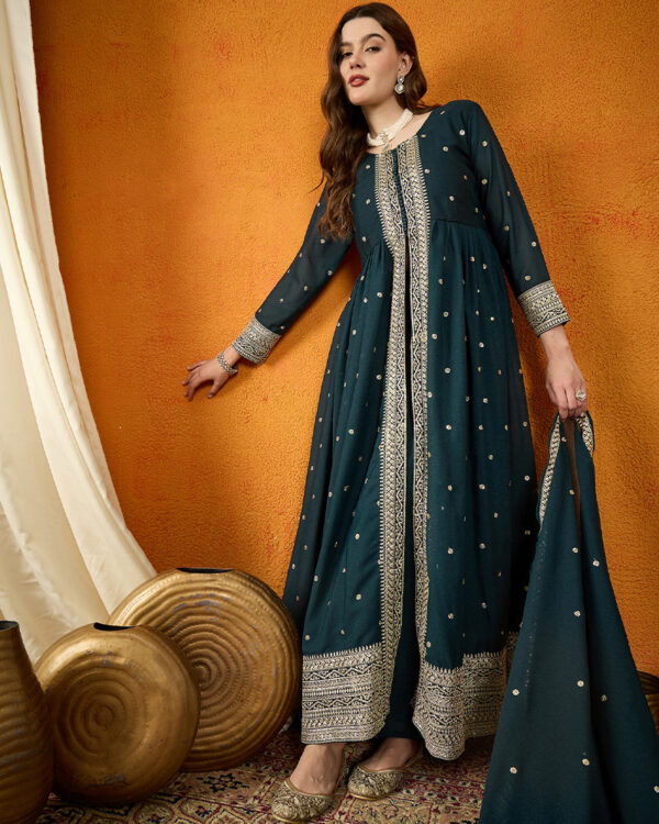 Rama Flared Kurta Palazzo Set with Embroidered Georgette Dupatta