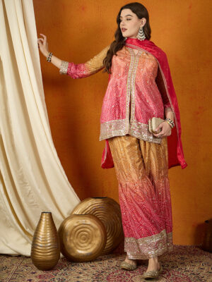 Pink Embroidered Chinon Straight Kurta Palazzo Set