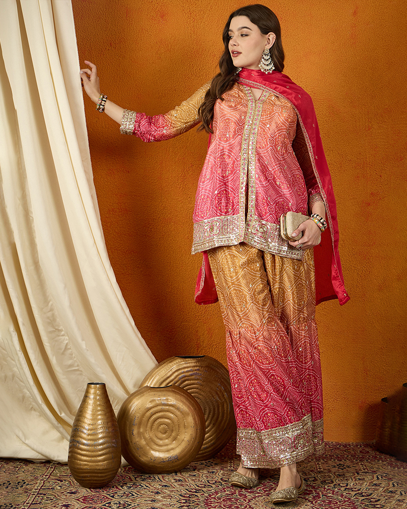 Pink Embroidered Chinon Straight Kurta Palazzo Set