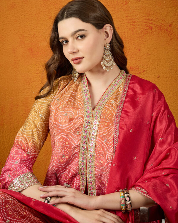 Pink Embroidered Chinon Straight Kurta Palazzo Set