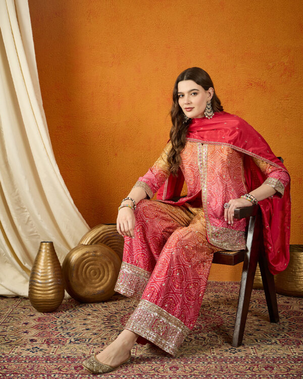 Pink Embroidered Chinon Straight Kurta Palazzo Set