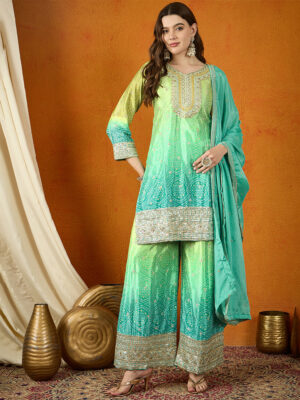 Teal Embroidered Chinon Straight Kurta Palazzo Set