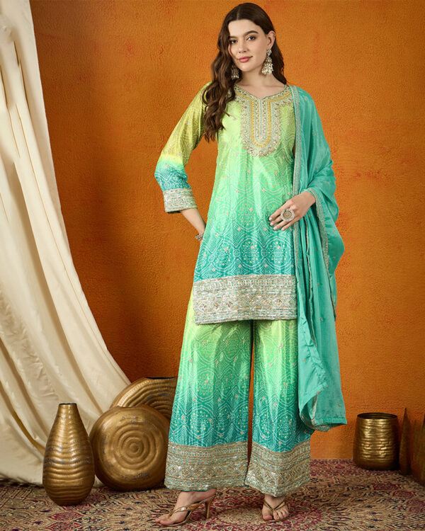 Teal Embroidered Chinon Straight Kurta Palazzo Set