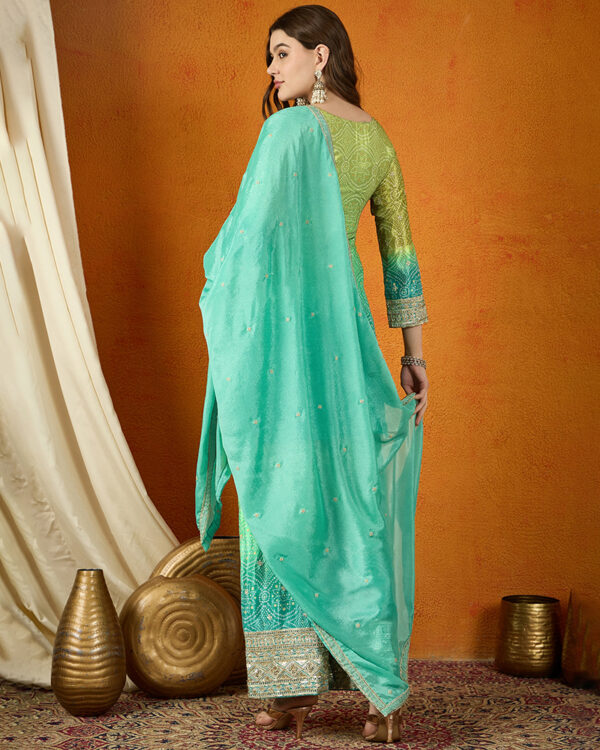 Teal Embroidered Chinon Straight Kurta Palazzo Set