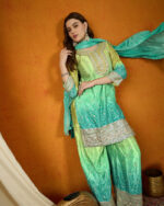 Teal Embroidered Chinon Straight Kurta Palazzo Set