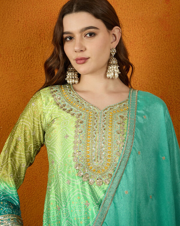 Teal Embroidered Chinon Straight Kurta Palazzo Set