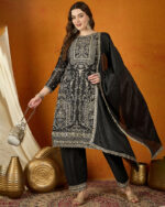 Black Embroidered Chinon Straight Kurta Palazzo Set