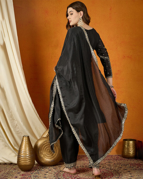 Black Embroidered Chinon Straight Kurta Palazzo Set