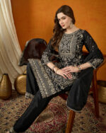 Black Embroidered Chinon Straight Kurta Palazzo Set