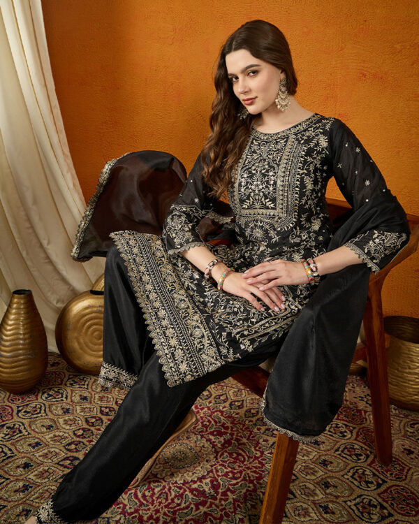 Black Straight Kurta Palazzo Set with Lace Dupatta