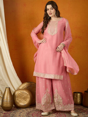 Pink Embroidered Georgette Straight Kurta Palazzo Set