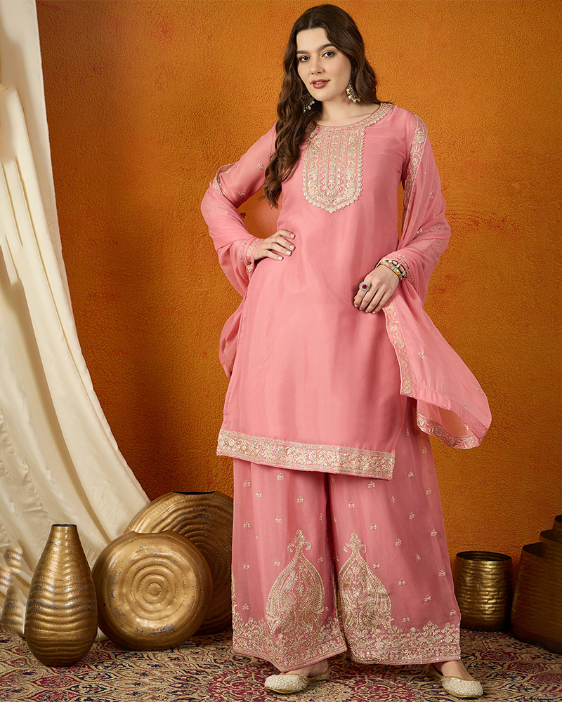 Pink Embroidered Georgette Straight Kurta Palazzo Set