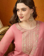 Pink Embroidered Georgette Straight Kurta Palazzo Set