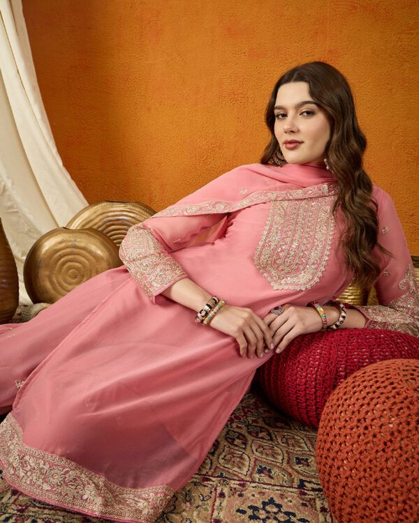 Pink Embroidered Georgette Straight Kurta Palazzo Set