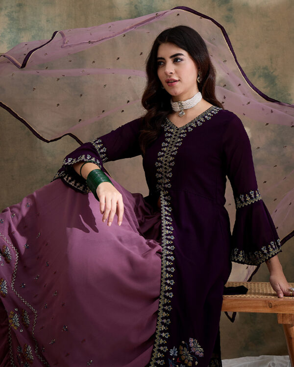 Purple Embroidered Faux Georgette Flared Lehenga Kurta Set