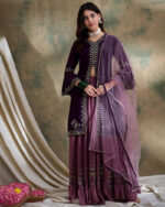 Purple Embroidered Faux Georgette Flared Lehenga Kurta Set