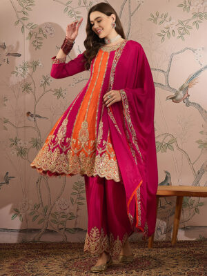 Pink Embroidered Stitched Kurta Palazzo Set with Dupatta - Party Wear Ethnic Outfit