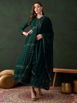 Elegant Green Embroidered Faux Georgette Anarkali Gown Set