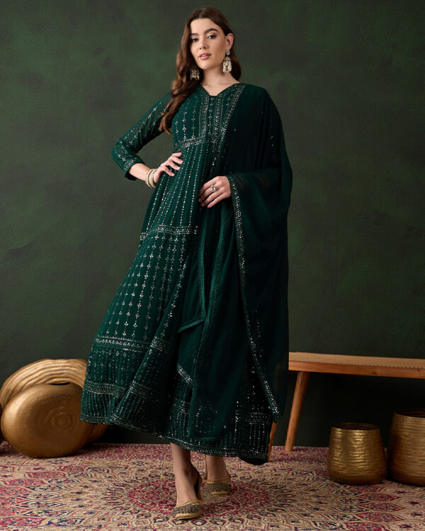 Elegant Green Embroidered Faux Georgette Anarkali Gown Set