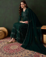 Elegant Green Embroidered Faux Georgette Anarkali Gown Set