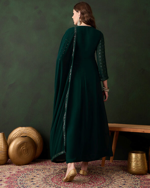Elegant Green Embroidered Faux Georgette Anarkali Gown Set