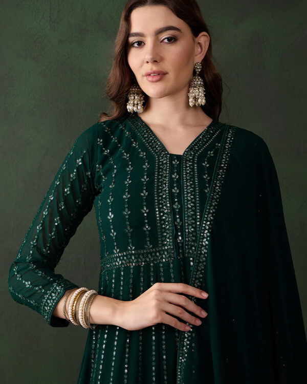 Elegant Green Embroidered Faux Georgette Anarkali Gown Set