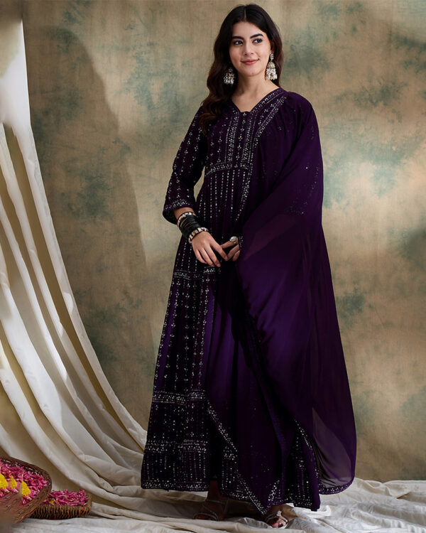 Amethyst Purple Embroidered Faux Georgette Anarkali Gown Set