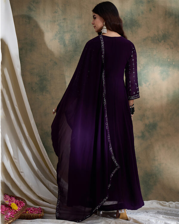 Amethyst Purple Embroidered Faux Georgette Anarkali Gown Set