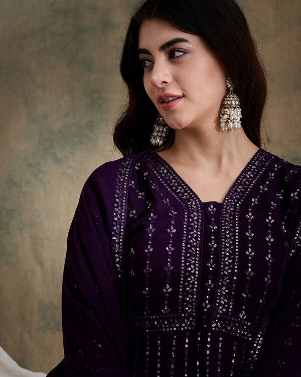 Amethyst Purple Embroidered Faux Georgette Anarkali Gown Set