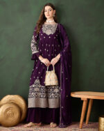 Purple Embroidered Faux Georgette Straight Kurta Sharara Set