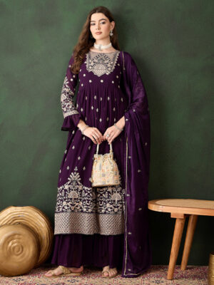 Purple Embroidered Faux Georgette Straight Kurta Sharara Set