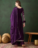 Purple Embroidered Faux Georgette Straight Kurta Sharara Set