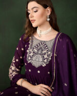 Purple Embroidered Faux Georgette Straight Kurta Sharara Set