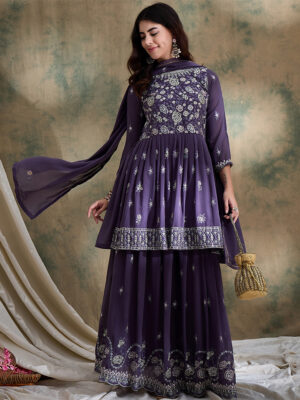 Purple Embroidered Faux Georgette Flared Lehenga with Kurta Set