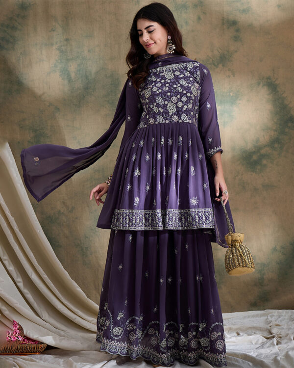 Purple Embroidered Faux Georgette Flared Lehenga with Kurta Set