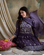 Purple Embroidered Faux Georgette Flared Lehenga with Kurta Set