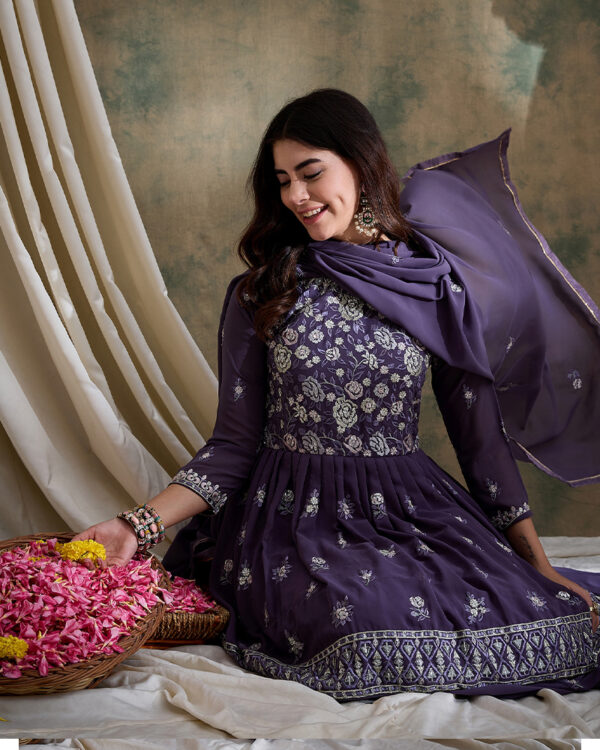 Purple Embroidered Faux Georgette Flared Lehenga with Kurta Set