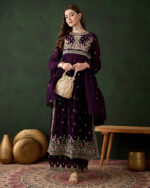 Purple Embroidered Faux Georgette Nayra Cut Kurta Palazzo Set