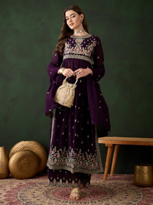 Purple Embroidered Faux Georgette Nayra Cut Kurta Palazzo Set