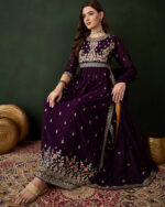 Purple Embroidered Faux Georgette Nayra Cut Kurta Palazzo Set