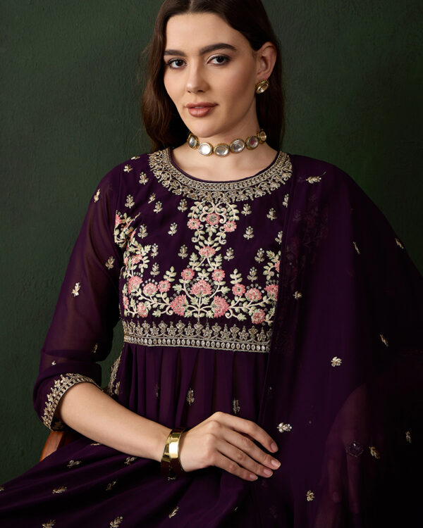 Purple Embroidered Faux Georgette Nayra Cut Kurta Palazzo Set