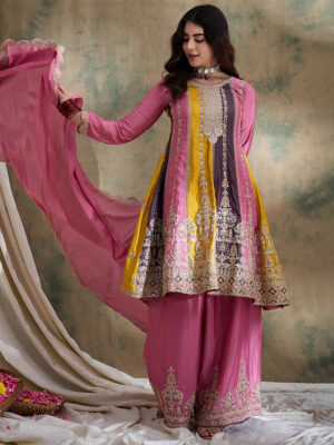 Pink Embroidered Chinon Flared Kurta Sharara Set