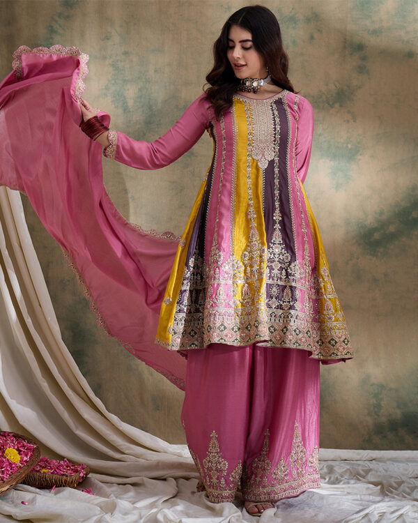 Pink Embroidered Chinon Flared Kurta Sharara Set