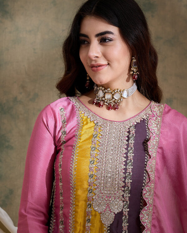 Pink Embroidered Chinon Flared Kurta Sharara Set