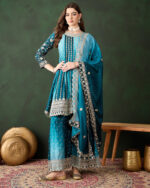 Blue Embroidered Chinon Flared Kurta Sharara Set