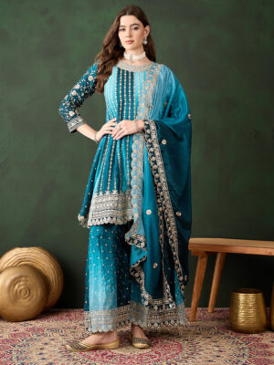 Blue Embroidered Chinon Flared Kurta Sharara Set