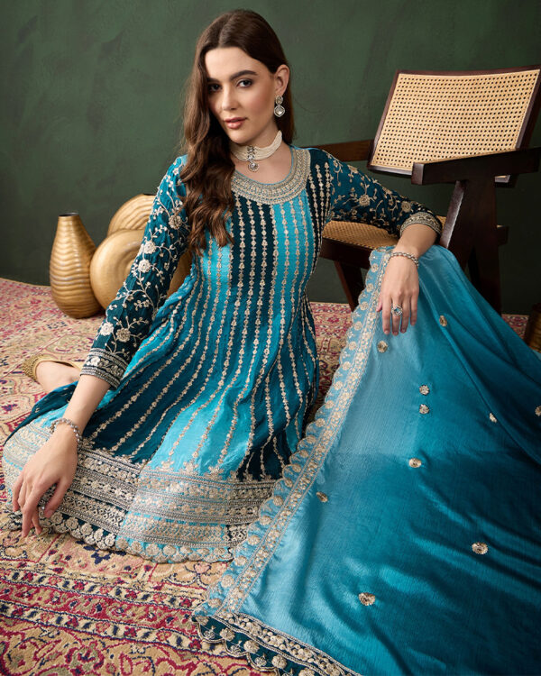 Blue Embroidered Chinon Flared Kurta Sharara Set