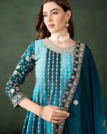 Blue Embroidered Chinon Flared Kurta Sharara Set